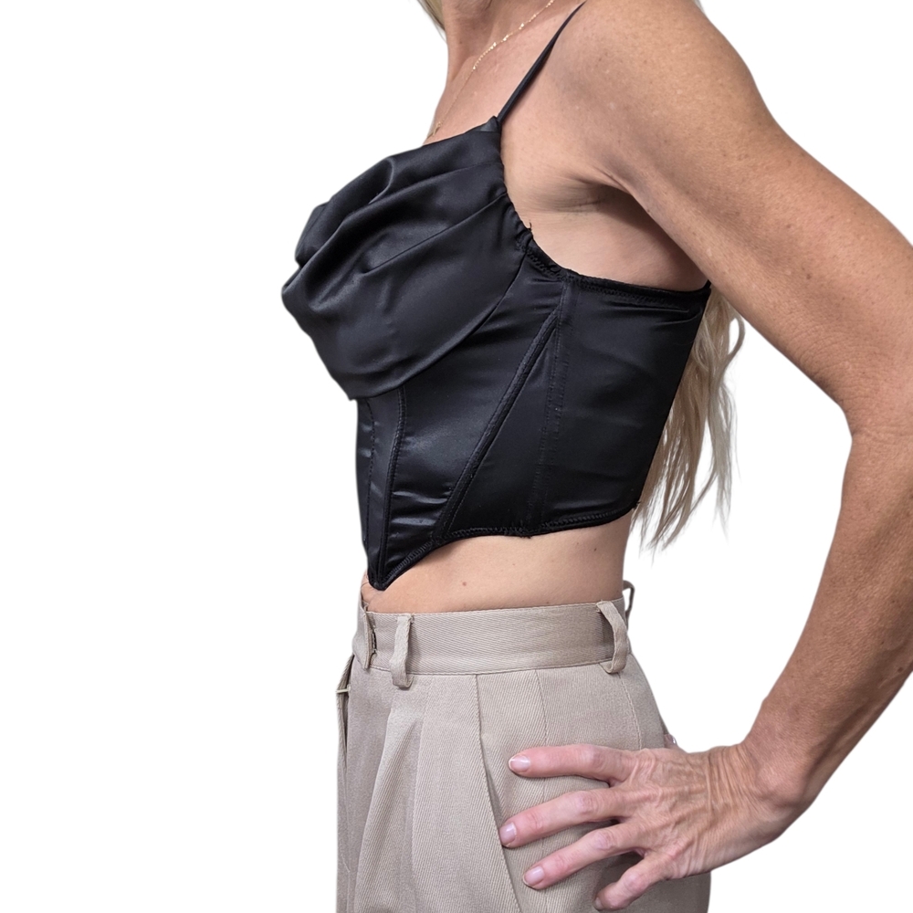 Urban Outfitters Black Satin Corset Bustier Top Boned Cowl Neck Zip Back M - Picture 3 of 9